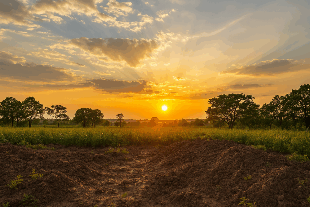 Pohled na pozemek za západu slunce